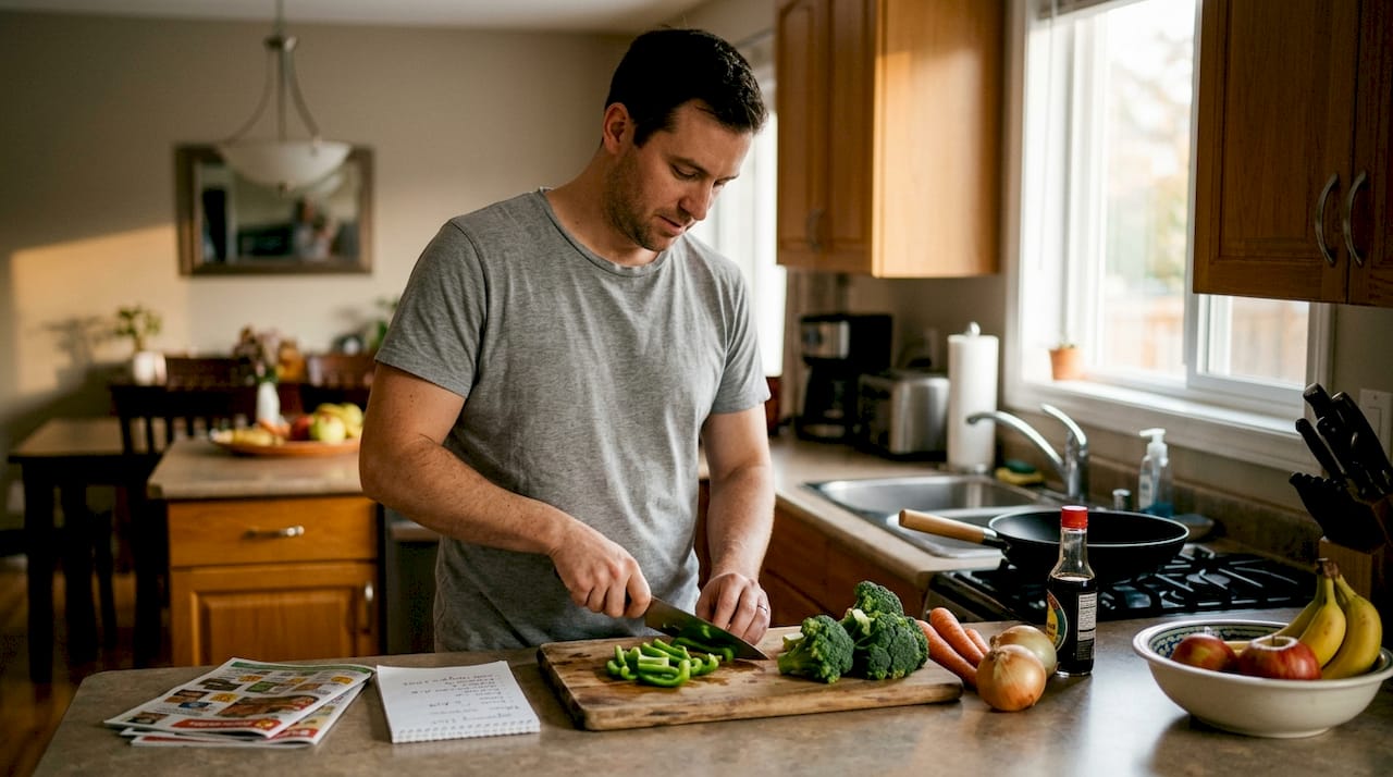 Man prepping healthy meal in home kitchen