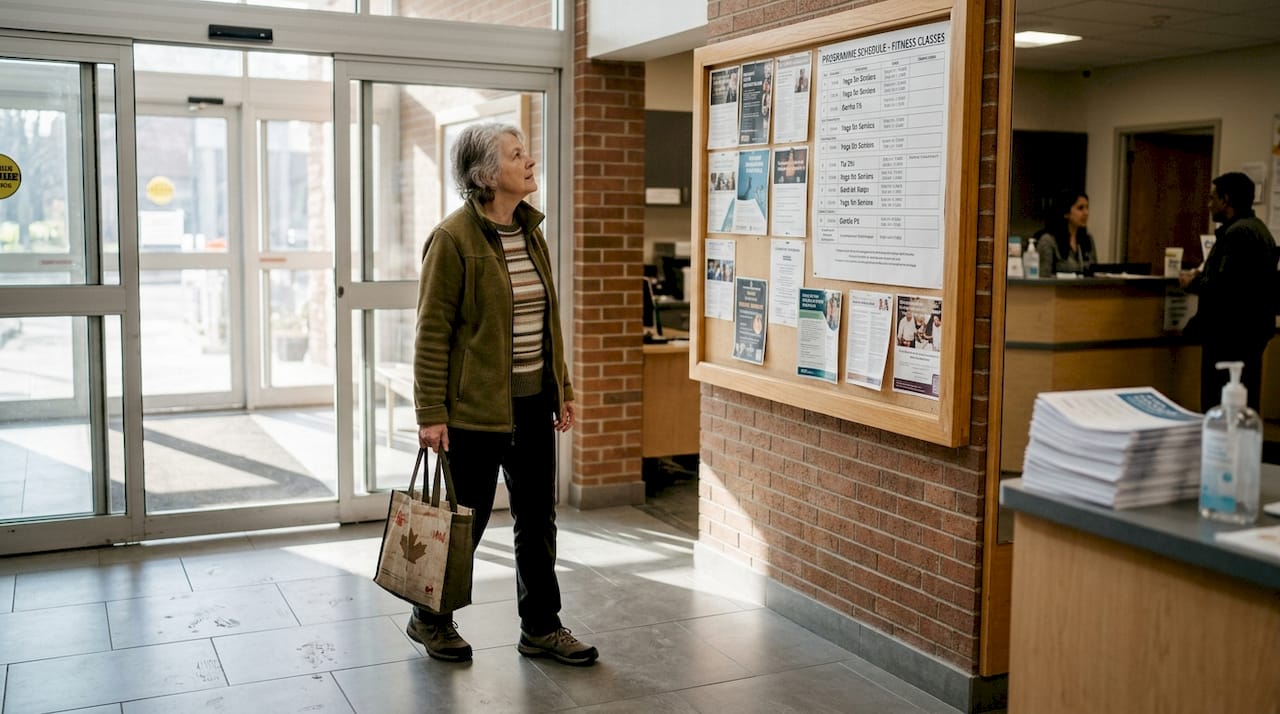 Senior checking fitness classes at community center