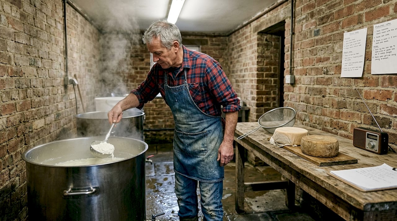 Cheese maker working in rustic dairy room