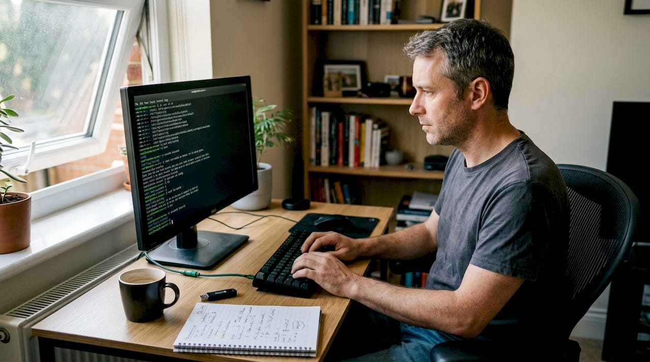 Sysadmin using terminal in a sunlit home office