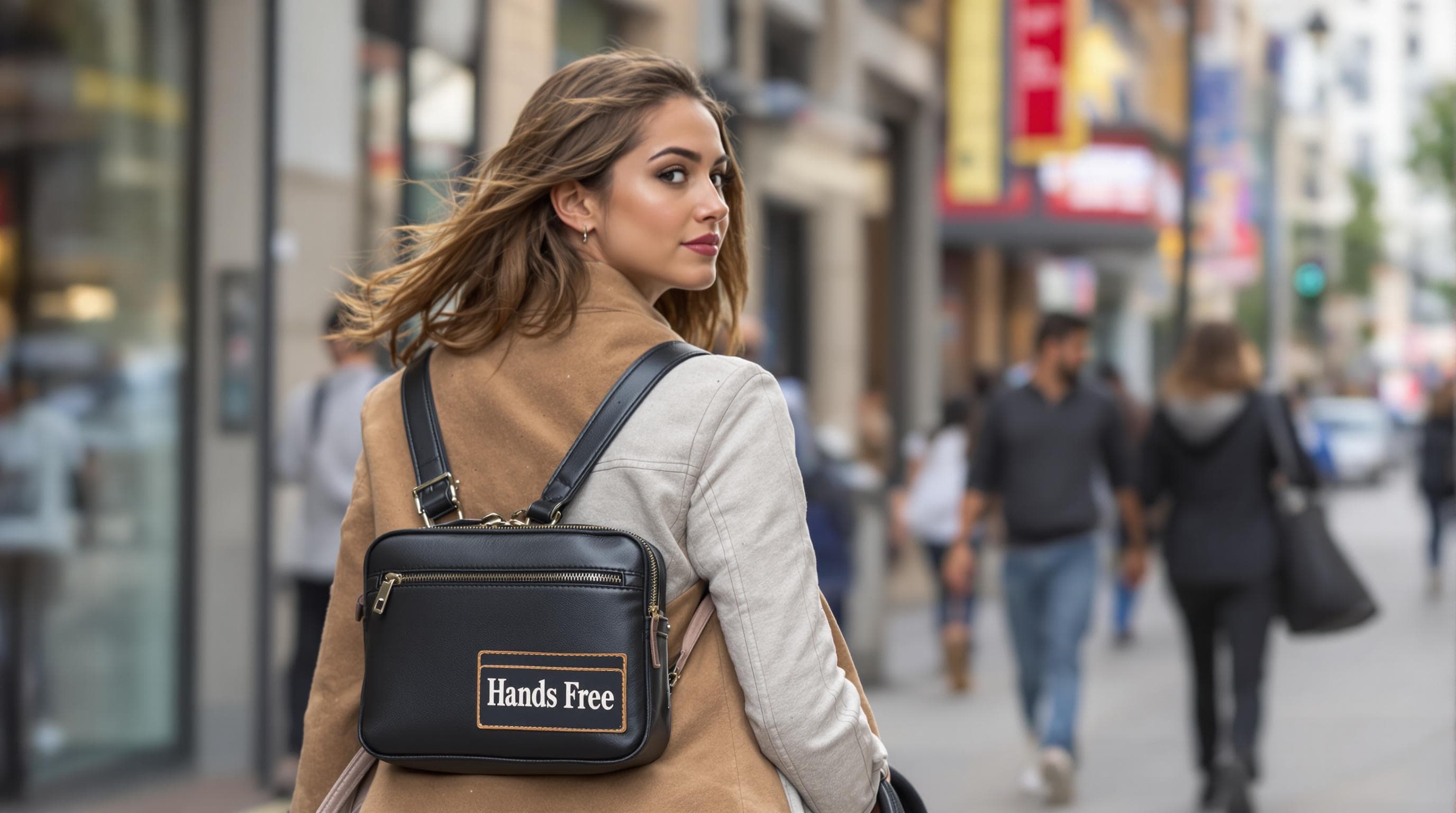 Urban woman wears crossbody leather bag showing hands-free style