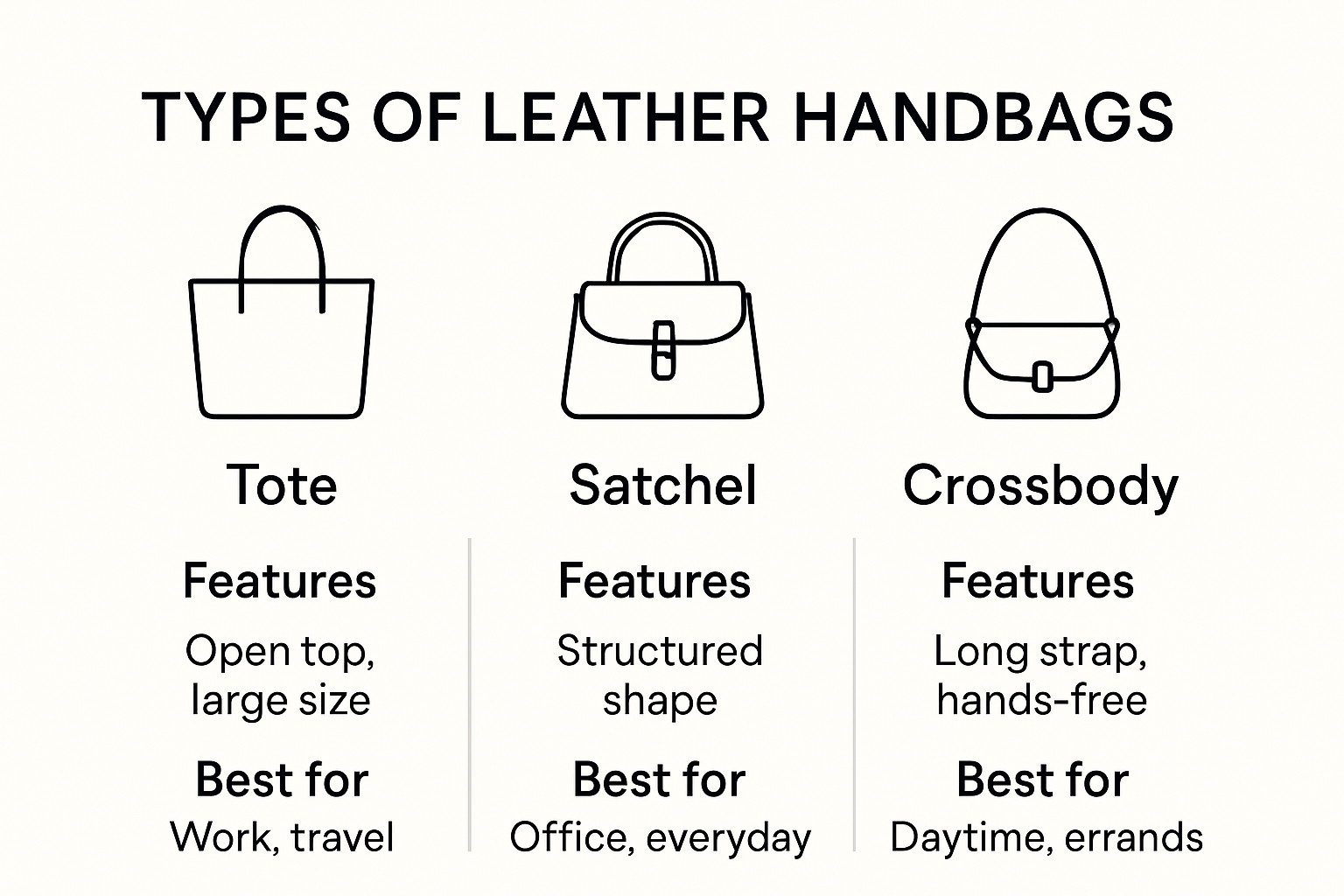 Infographic illustrating types of leather handbags with features
