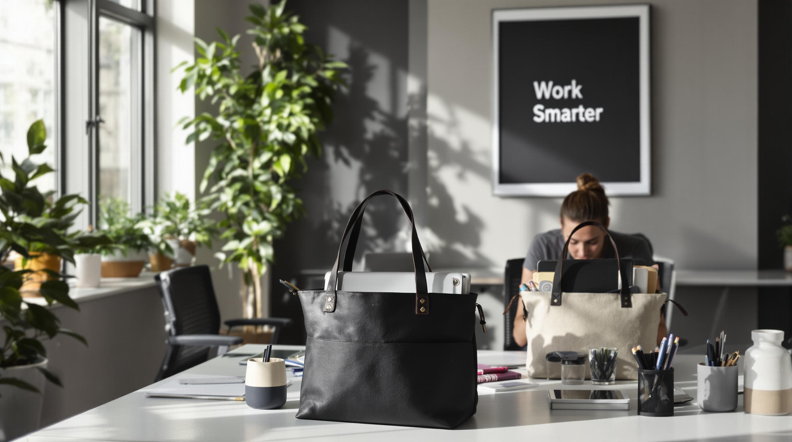 Professionals with organized tote bags in office showing work functionality