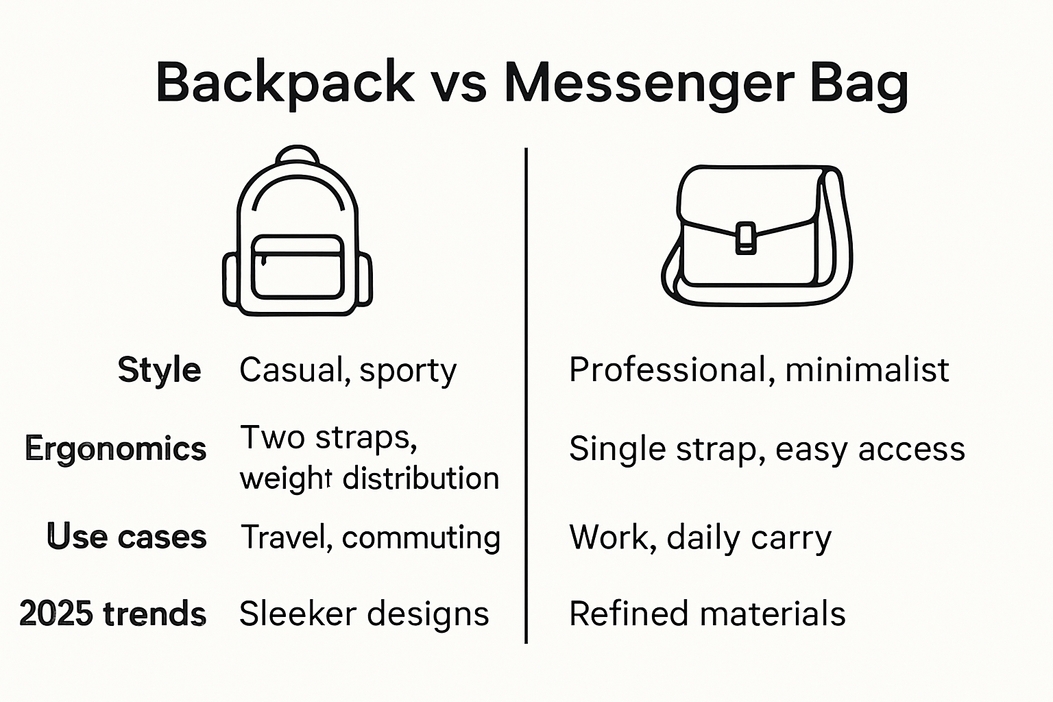 Comparison infographic of backpacks vs messenger bags features in 2025