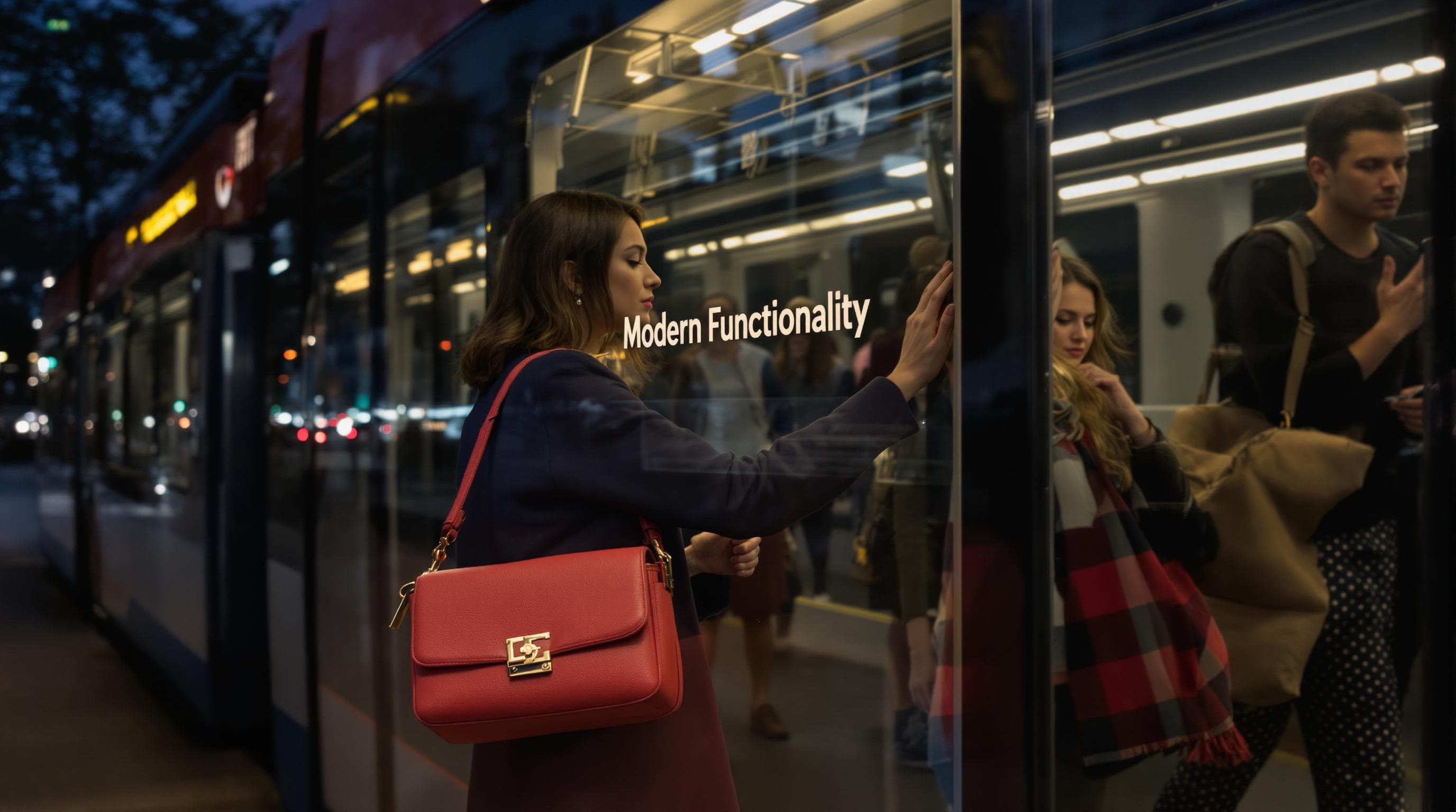 Woman with a trendy crossbody bag boarding tram, illustrating modern lifestyle functionality