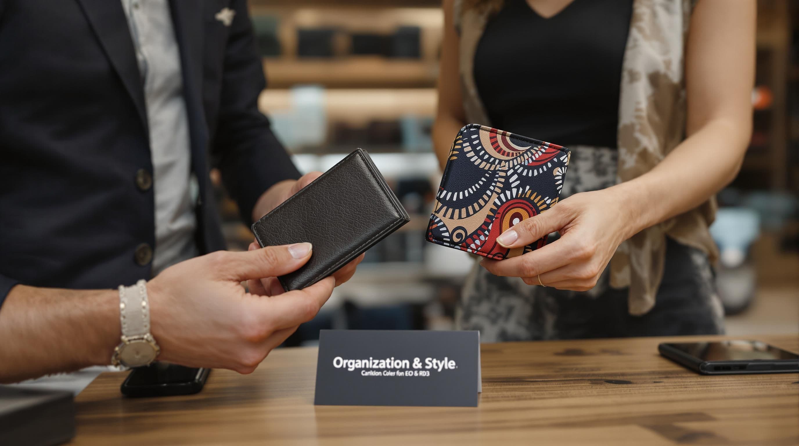 Male and female hands comparing wallet designs by size and compartments in a store