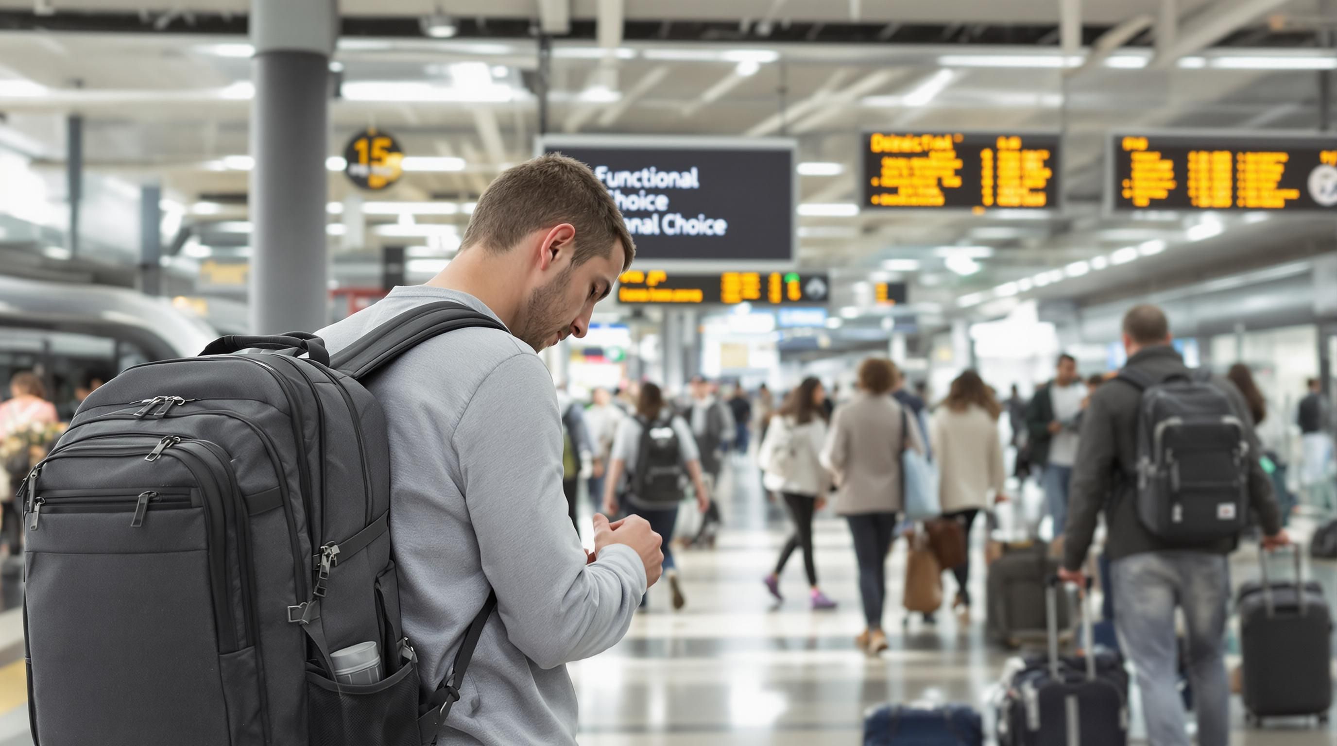 Traveler organizing items in functional backpack at train station