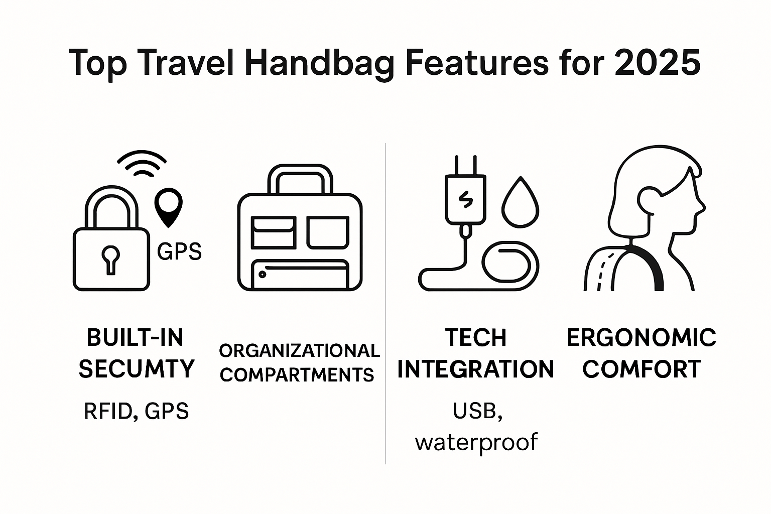Infographic showing top security, organization, and tech features for 2025 travel handbags