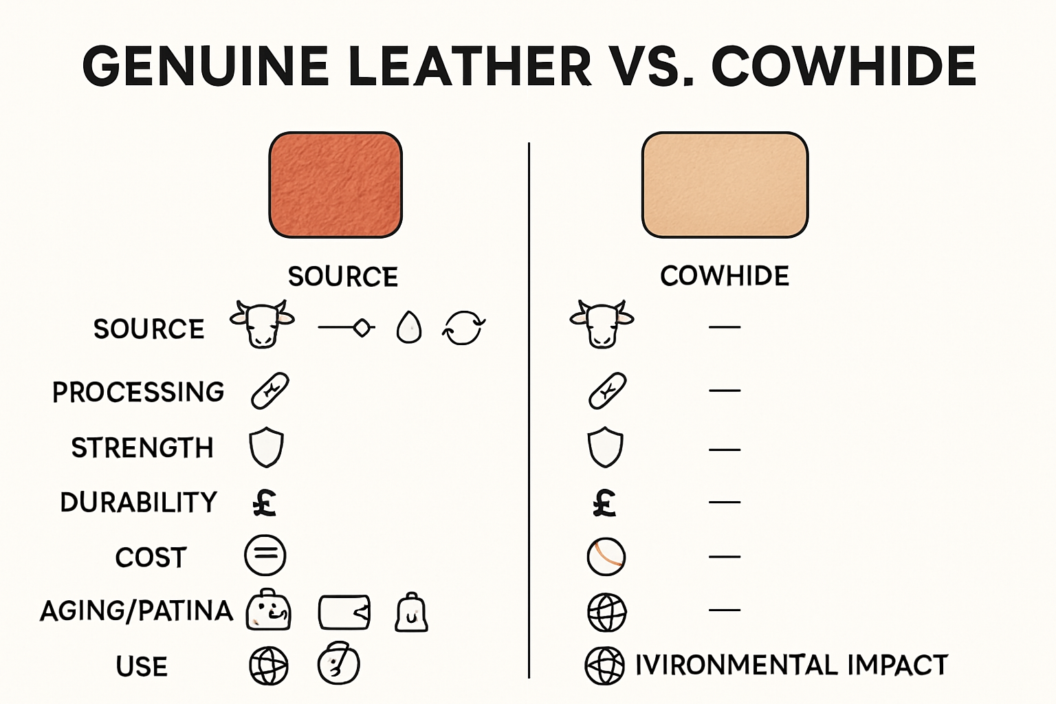 Infographic comparing genuine leather and cowhide for fashion accessories