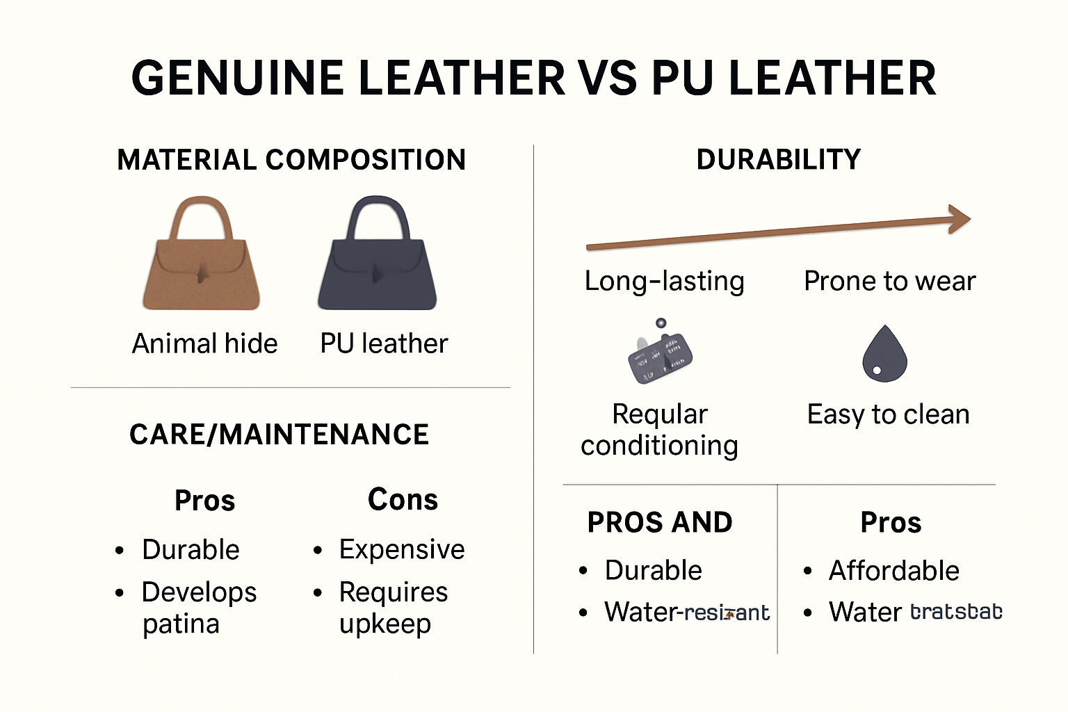 Comparison infographic showing genuine leather and PU leather pros, cons, durability, sustainability, care differences.