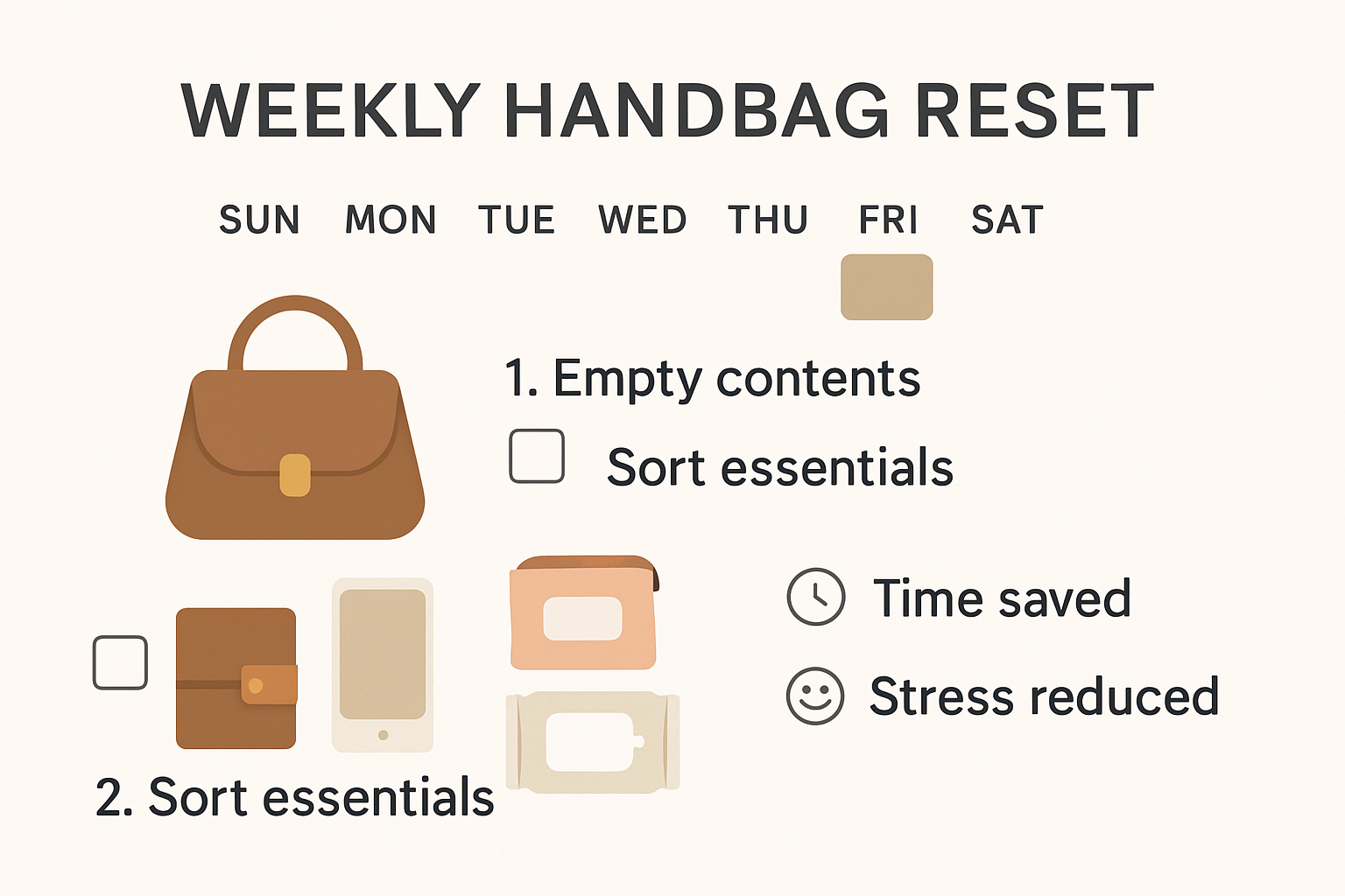 Weekly handbag organization process infographic