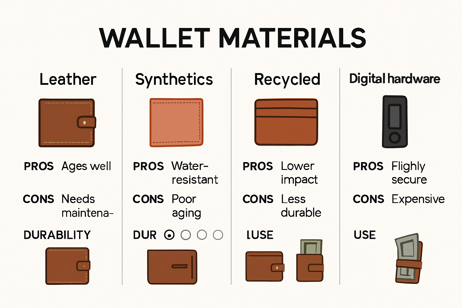 Infographic comparing wallet materials and types