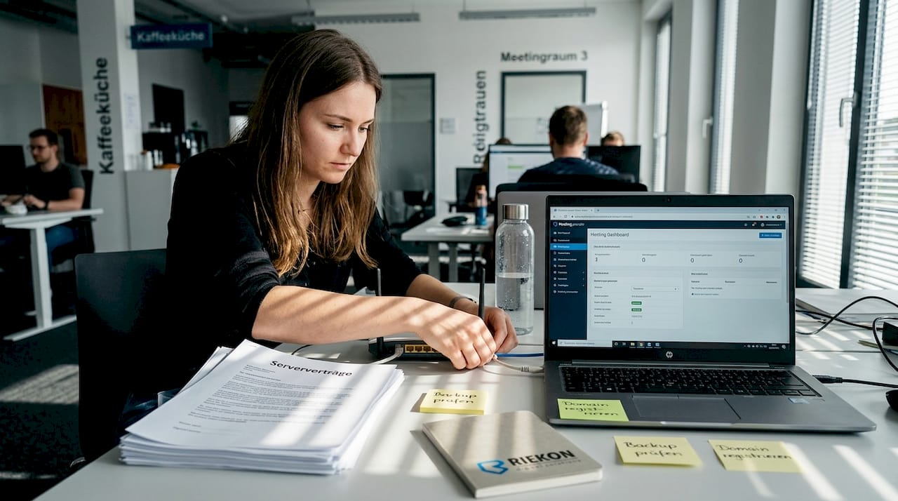 Eine Frau richtet in ihrem Büro das Webhosting für ihre neue Internetseite ein.