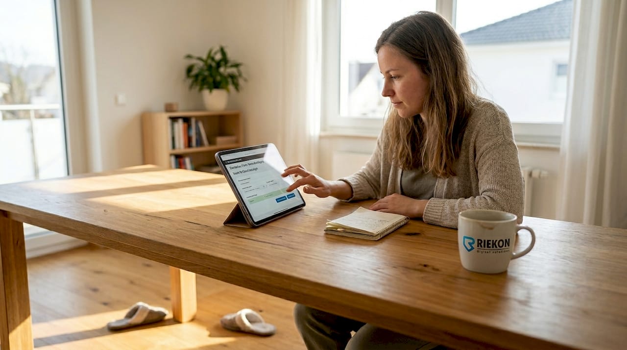 Im Homeoffice vereinbart eine Frau ihre Termine bequem online.
