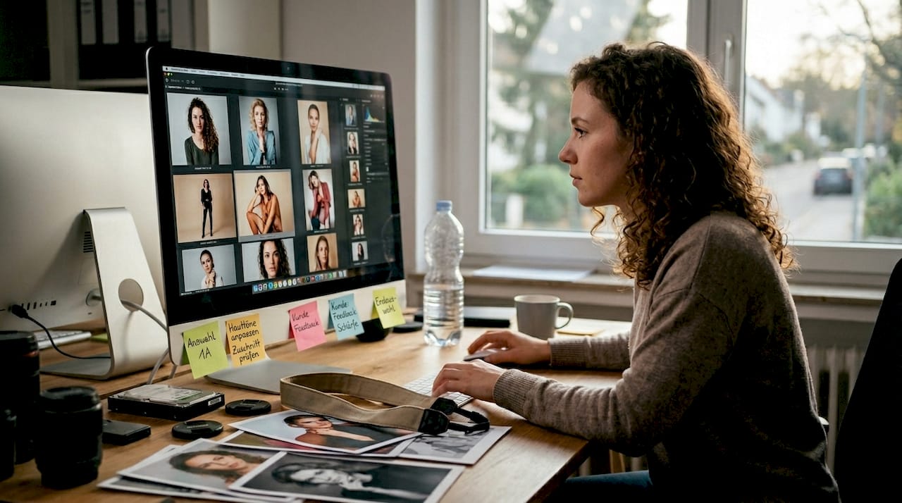Eine Fotografin überprüft ihre Aufnahmen aus dem Studio.