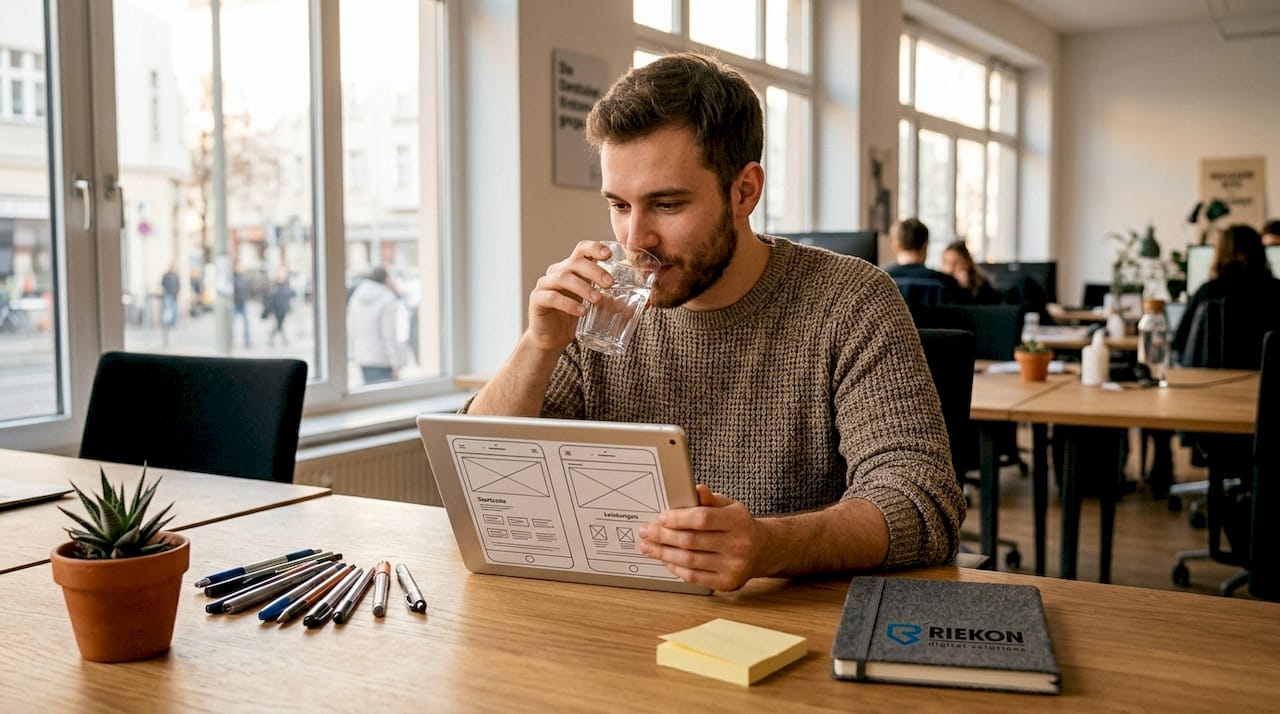 Ein Designer prüft aktuell die Entwürfe für eine Website, bei der Vertrauen im Mittelpunkt steht.