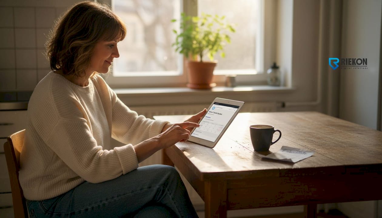 Am Küchentisch sitzt eine Frau und vereinbart bequem online einen Termin.