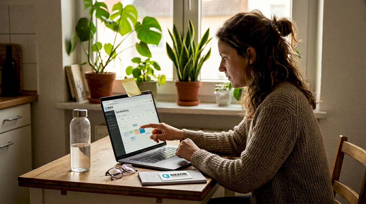 Eine Frau vereinbart ihre Termine bequem online über einen digitalen Kalender.