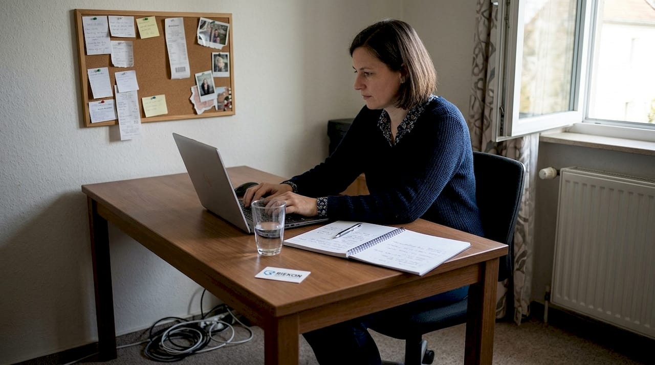 Am heimischen Schreibtisch bringt eine Frau Ordnung in die Kundendaten.