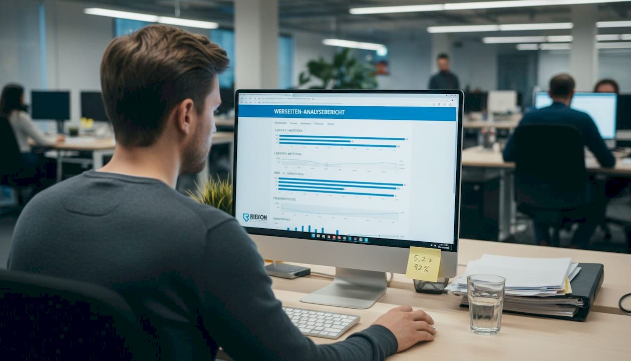 Ein Mitarbeiter überprüft im Büro die Webseite auf Herz und Nieren.