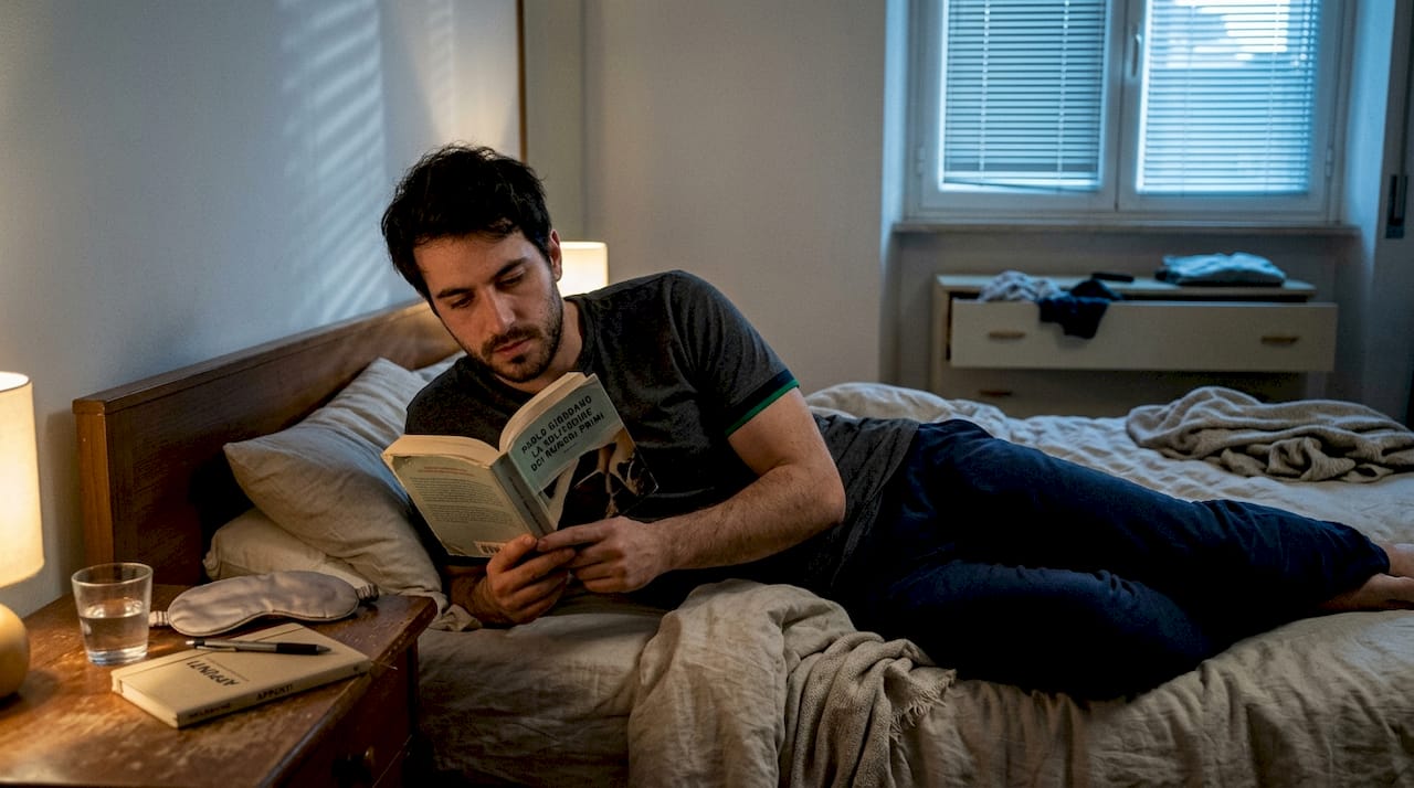 Un uomo si gode un momento di relax in camera da letto prima di andare a dormire.