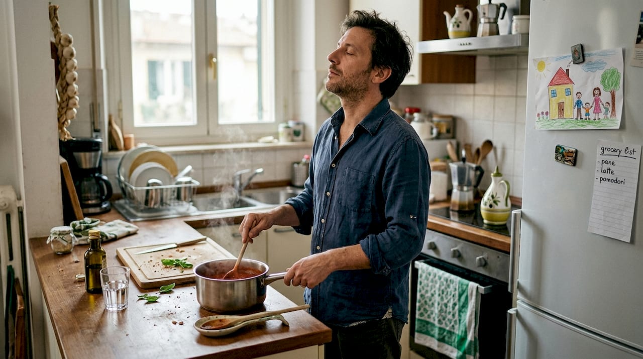Papà si prende un momento per respirare con calma in cucina, concentrandosi sul proprio benessere.