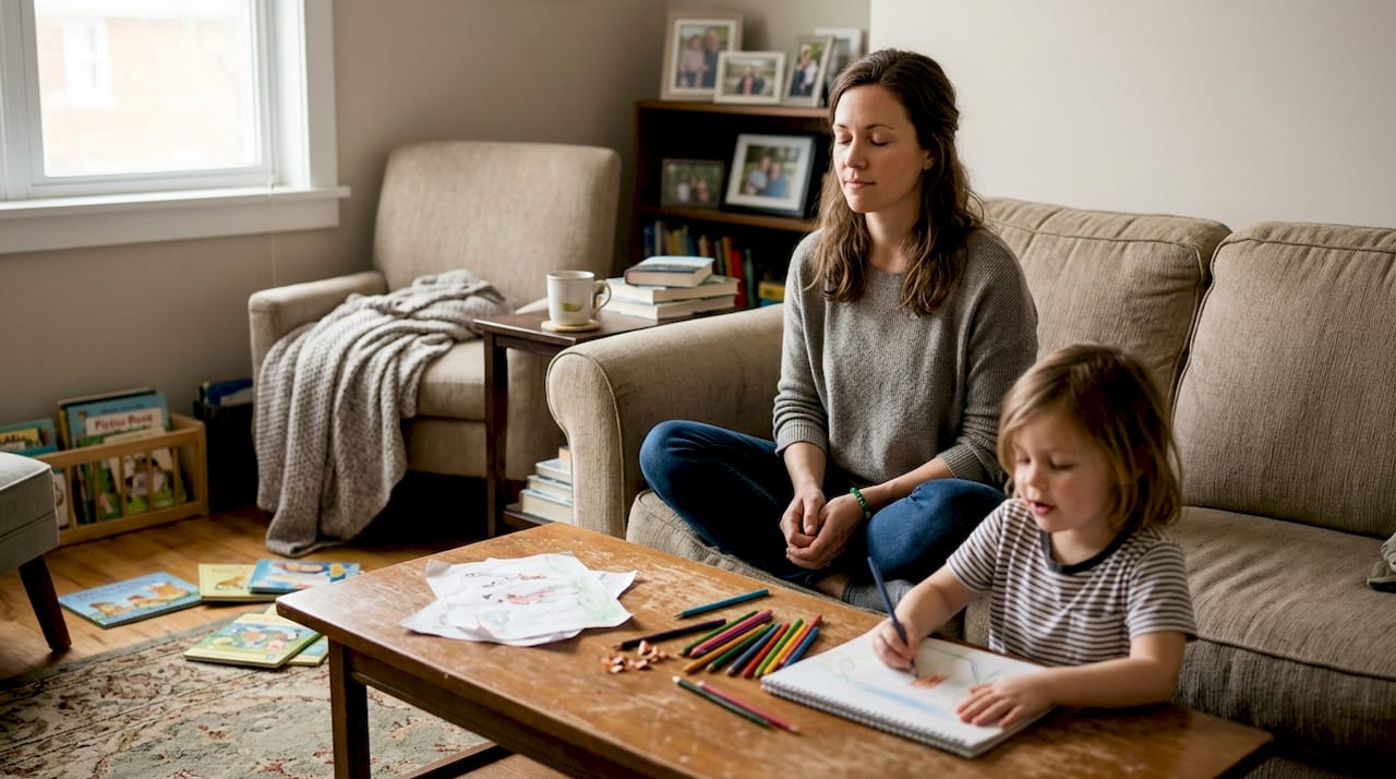 Un genitore che si dedica alla pratica della mindfulness nel salotto di casa