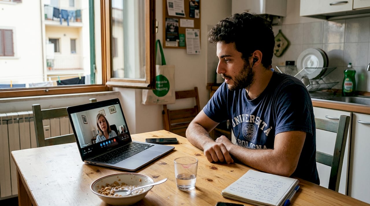 Uomo seduto al tavolo della cucina durante una seduta di psicoterapia online