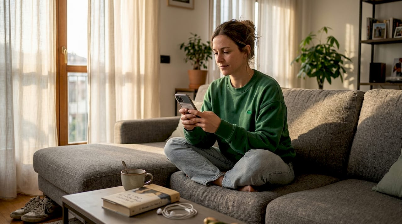 Una donna che, comodamente a casa, segue una seduta di terapia tramite un’app sul suo smartphone.