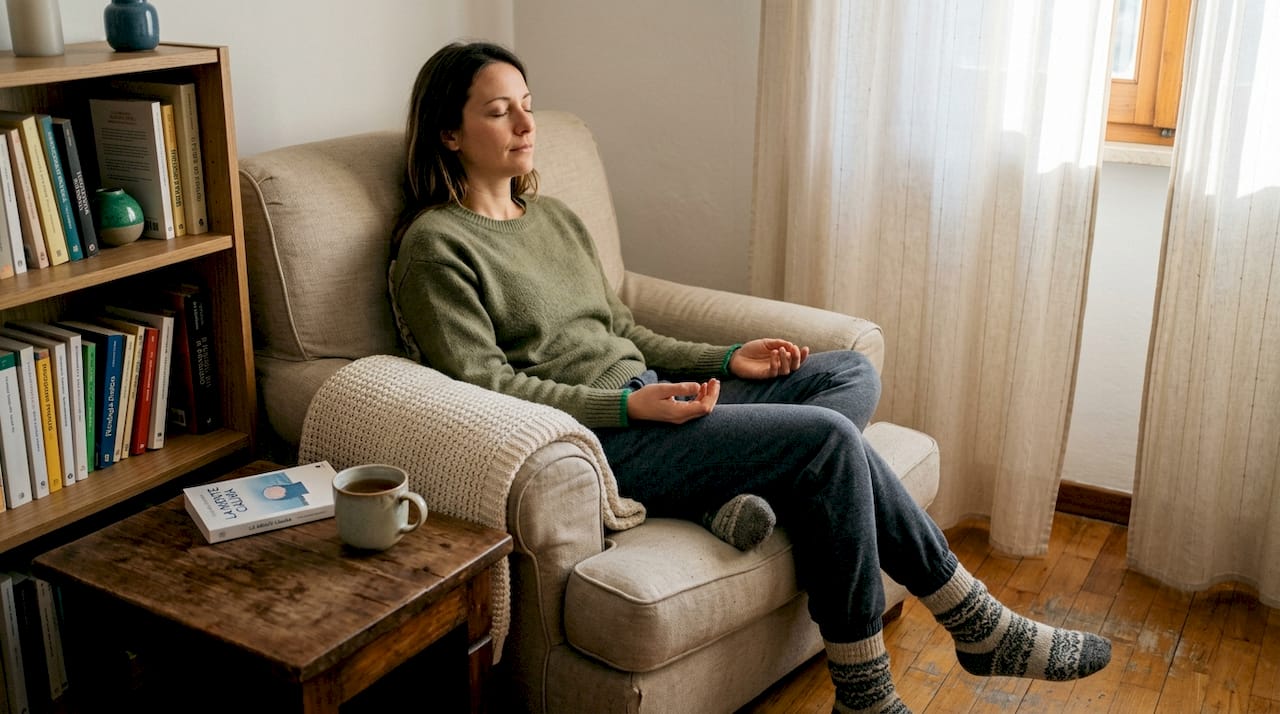 Una donna si dedica a una sessione di autoipnosi nel suo salotto, immersa in un'atmosfera rilassante e tranquilla.