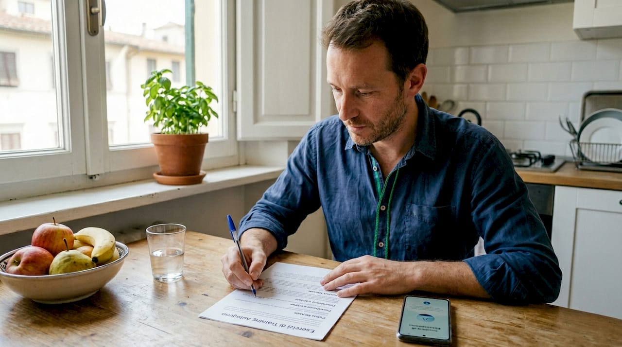 Un uomo seduto al tavolo della cucina si dedica agli esercizi di training autogeno.