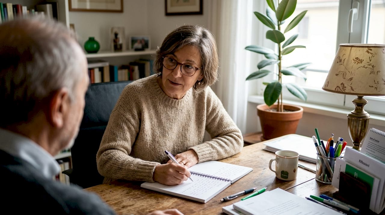 In uno studio dall’atmosfera calda e rassicurante, la psicologa accoglie e ascolta con attenzione la sua cliente.