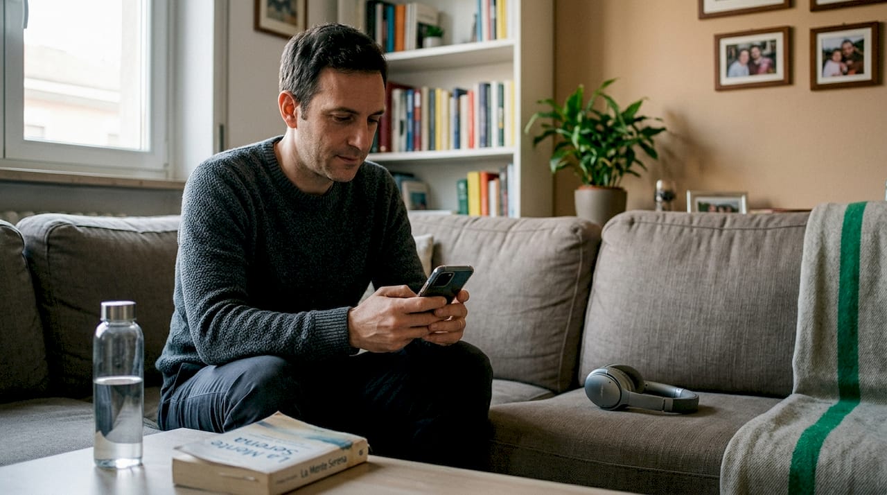 Un uomo controlla un'app per il benessere direttamente dal suo smartphone.