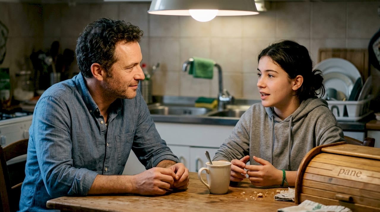 In cucina, il papà presta attenzione alle parole della figlia, ascoltandola davvero.
