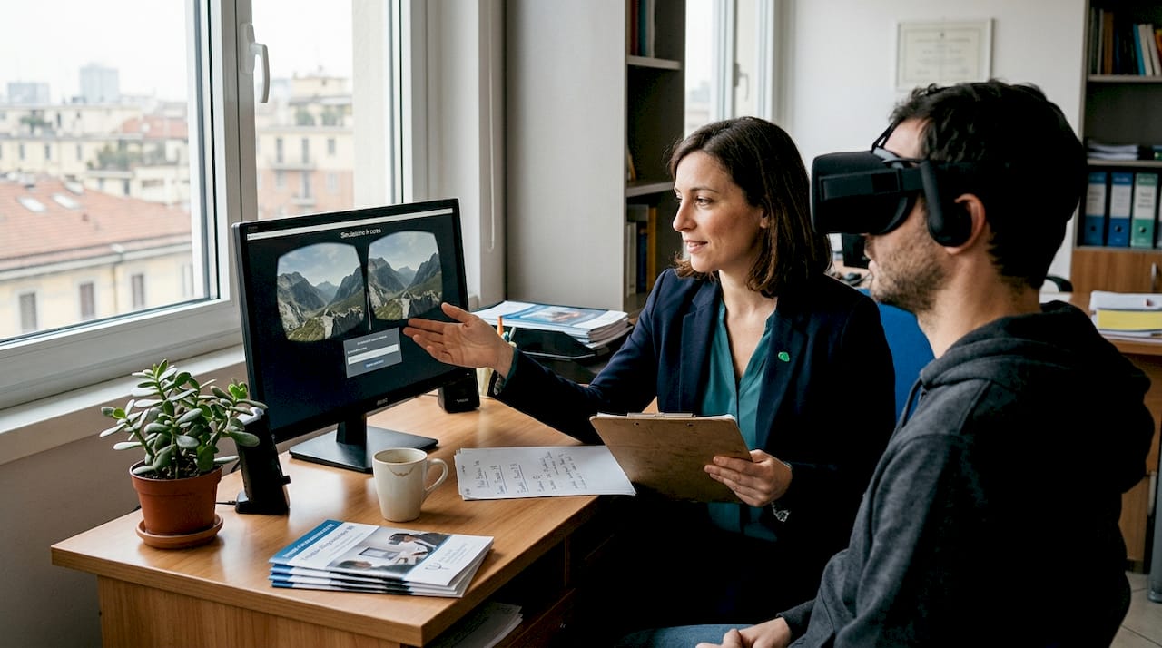 Uno psicologo accompagna il paziente durante una sessione di terapia svolta in realtà virtuale.