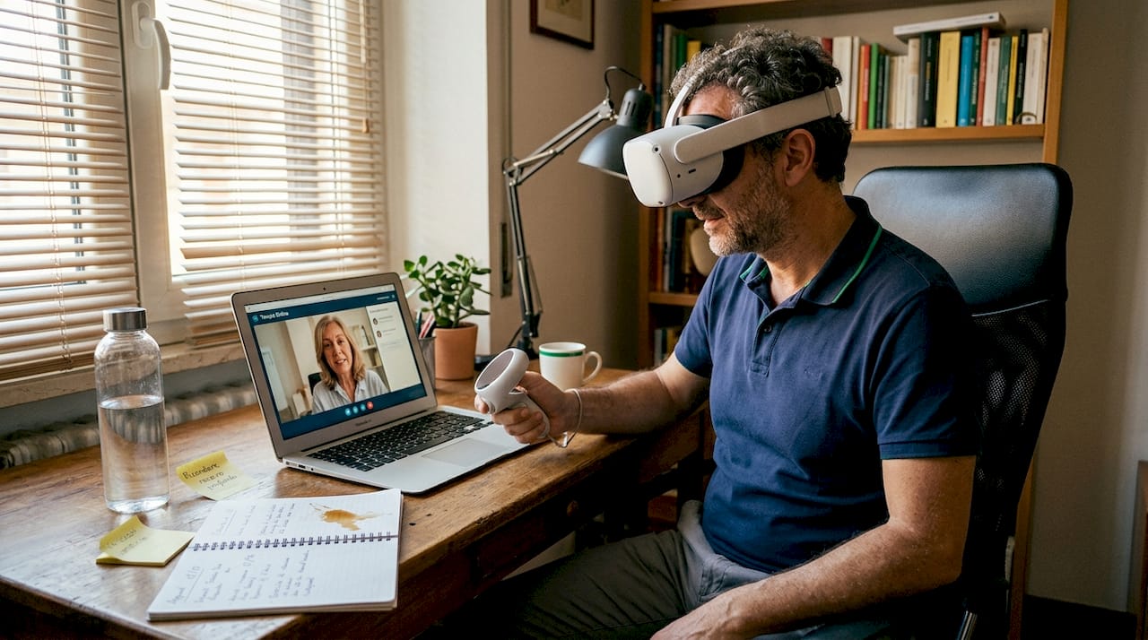 Un uomo indossa un visore per la realtà virtuale durante una seduta di teleterapia.