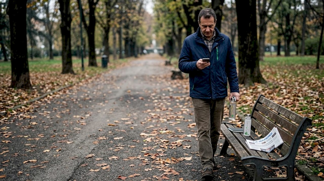 Un uomo passeggia tra i colori dell’autunno nel parco.