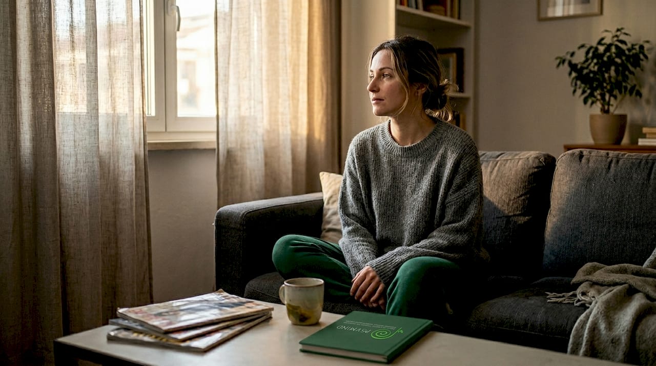 Una donna assorta nei suoi pensieri, seduta comodamente in salotto.