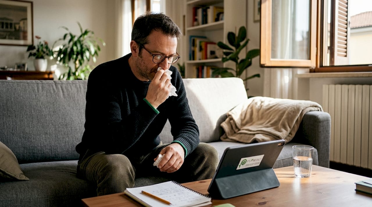 Uomo che segue una seduta di terapia online comodamente dal salotto di casa.