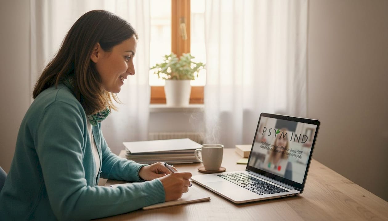 Psicologo che svolge una seduta online dal proprio studio a casa