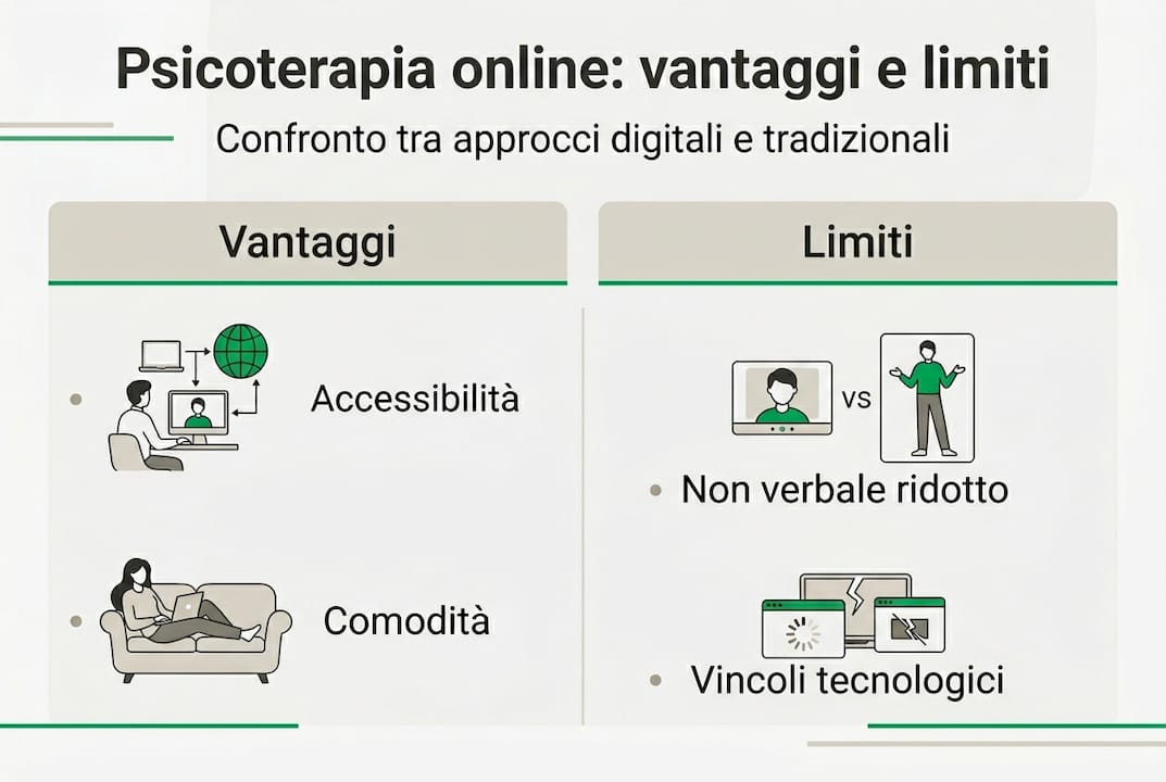 Infografica: vantaggi e svantaggi della terapia online a confronto