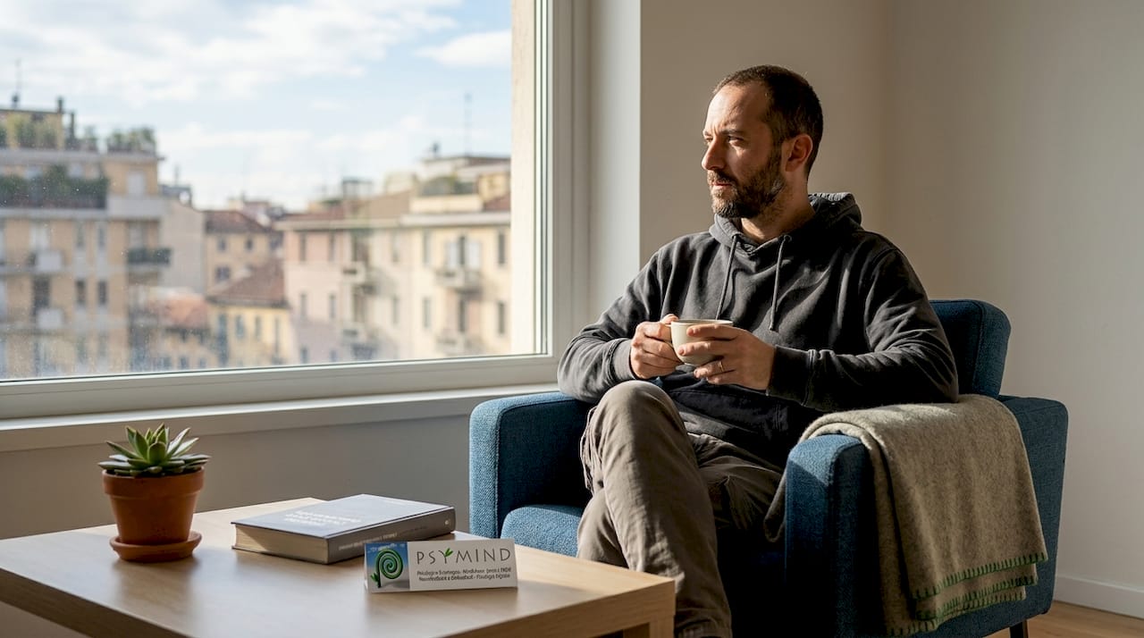 Un uomo si gode un momento di relax, seduto in poltrona con una tazza di tè accanto alla finestra.