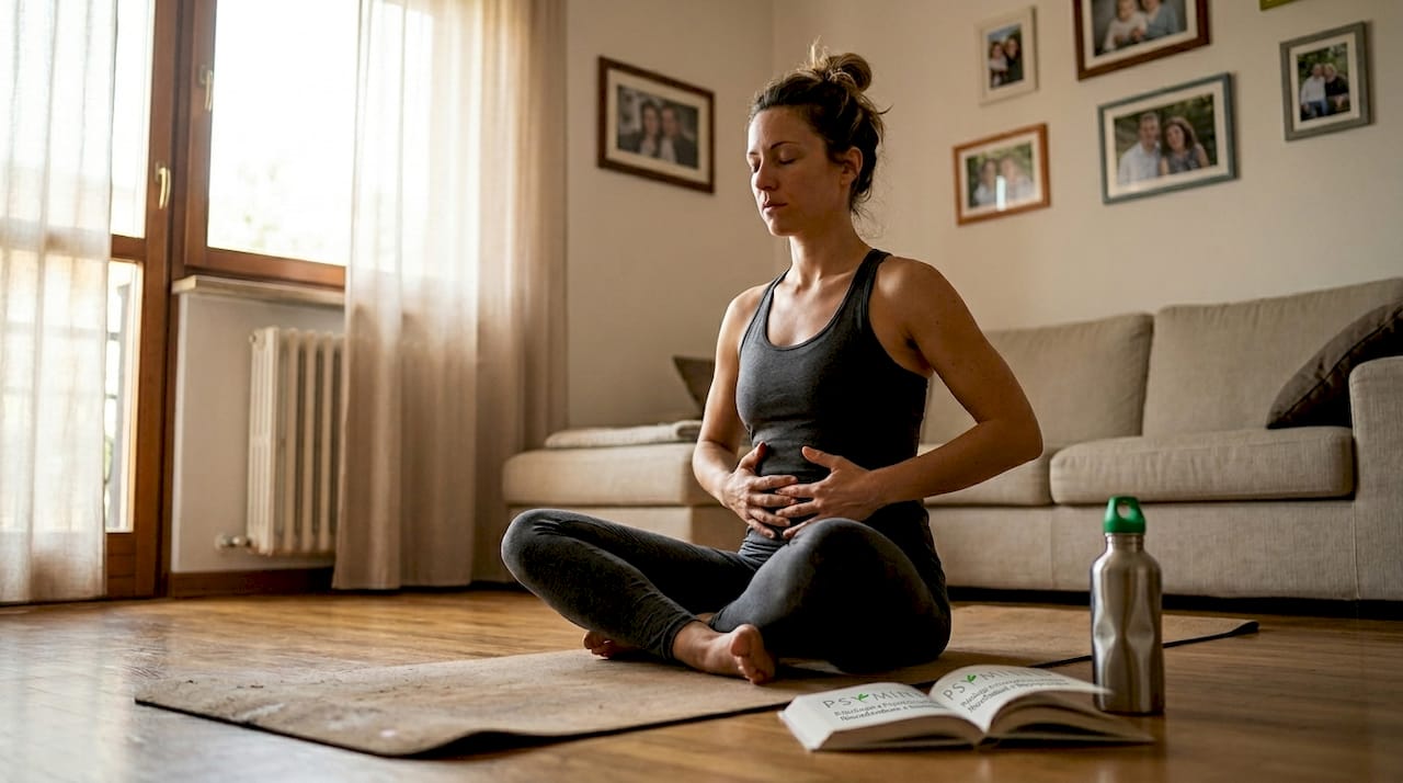Una donna si dedica a esercizi di respirazione sul suo tappetino da yoga nel soggiorno di casa.