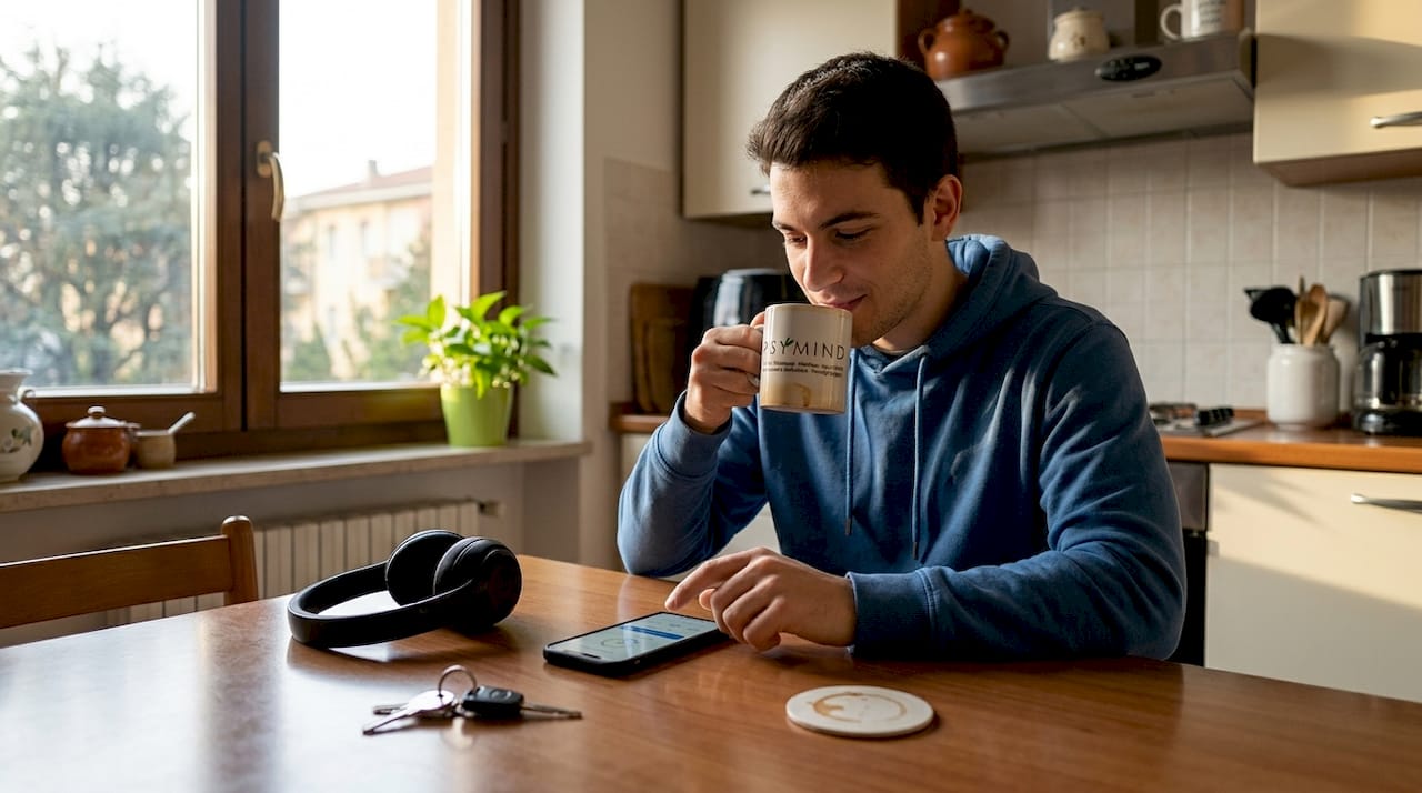 Un ragazzo si rilassa con un’app di meditazione mentre si trova in cucina.