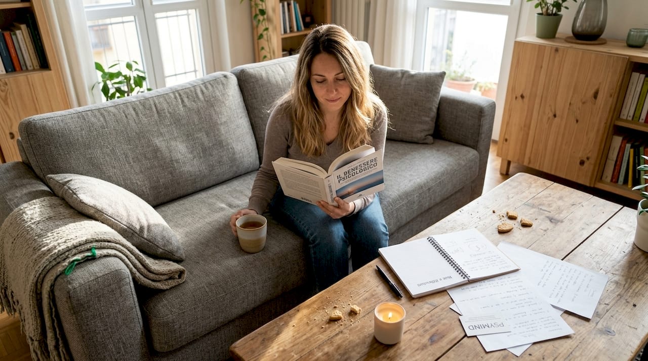 Una donna si rilassa in salotto leggendo un libro sul benessere mentale.