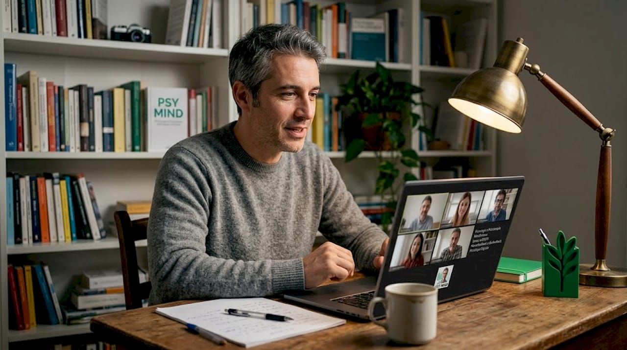 Uomo che partecipa a una seduta psicologica online dal proprio salotto