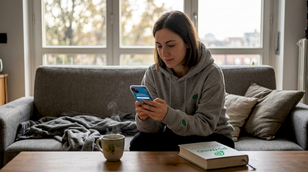 Una donna si rilassa sul divano di casa mentre utilizza un’app di supporto psicologico.