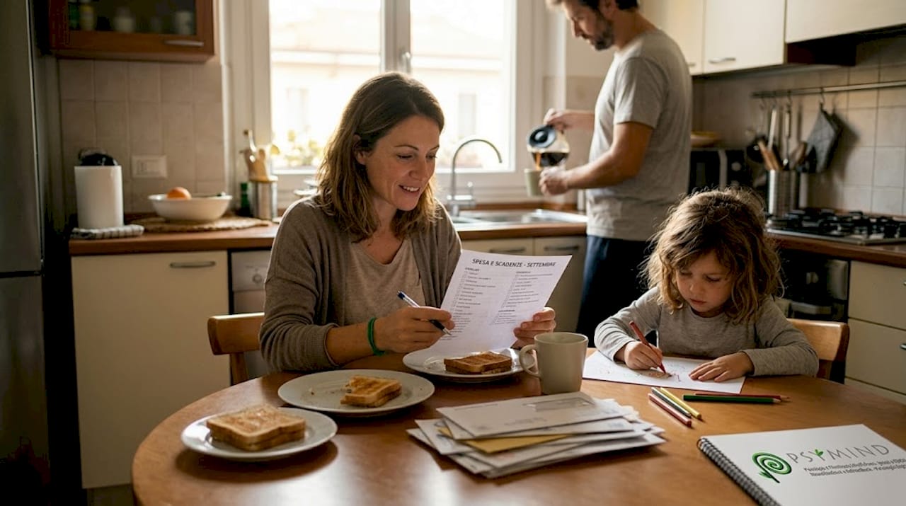 Una mamma seduta al tavolo della cucina che controlla la lista delle cose da fare.