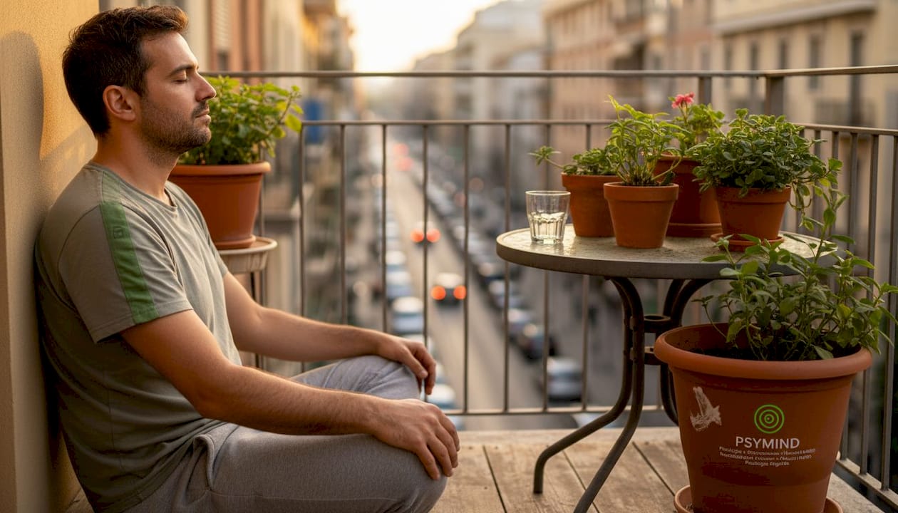 Un uomo che si dedica alla meditazione sul balcone di casa, immerso nella tranquillità della città.