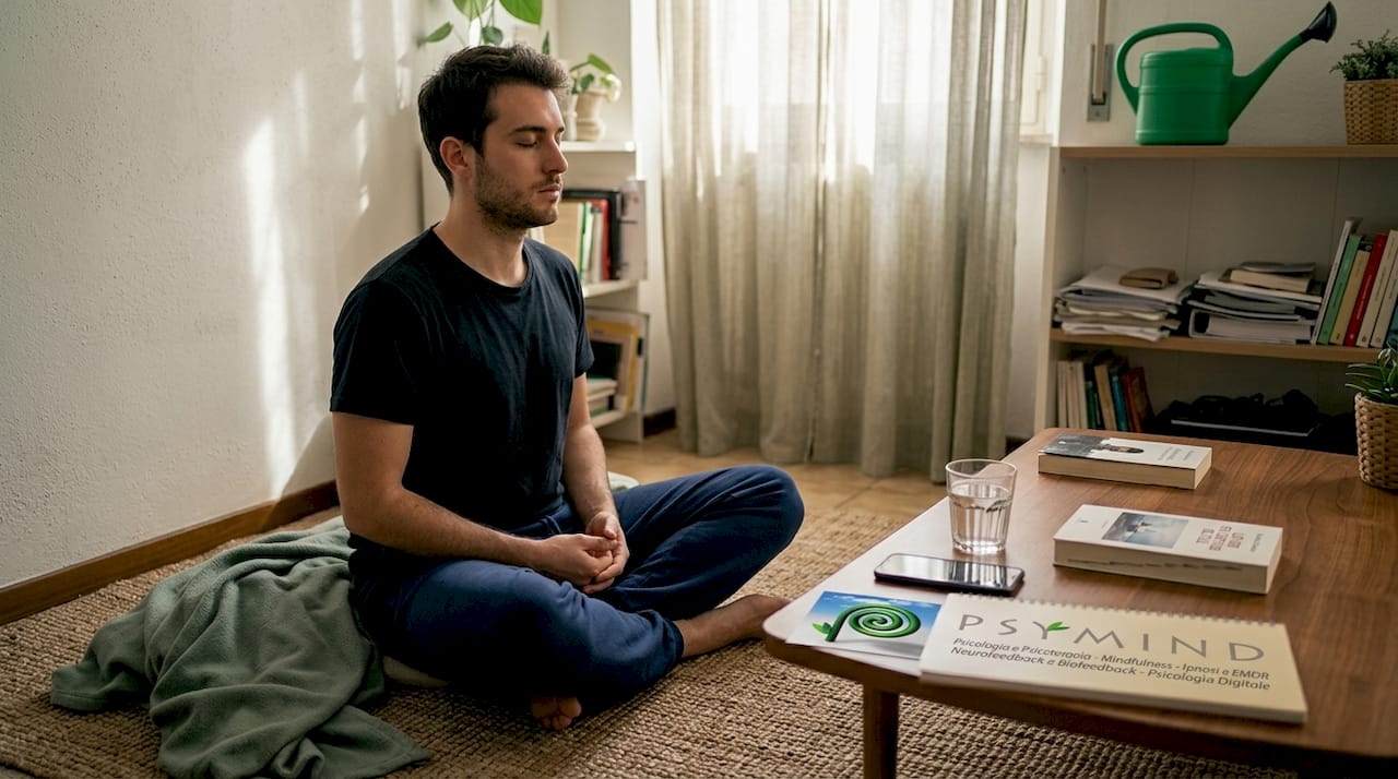 Un uomo si dedica alla meditazione in un angolo tranquillo della sua casa.